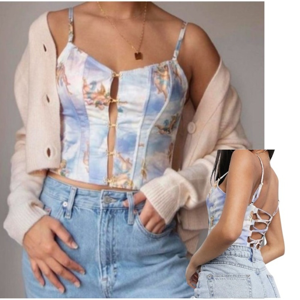 ASOS Design Cherub Print Corset Top Blue Pink Angel Renaissance Hook Eye US 6